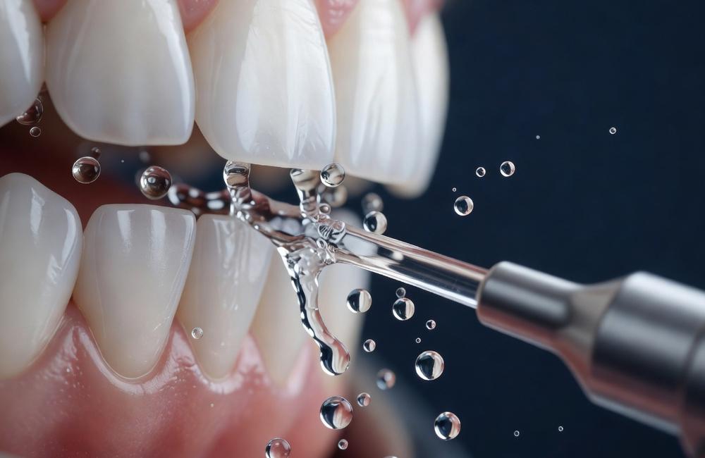 Render of a water jet cleaning between teeth