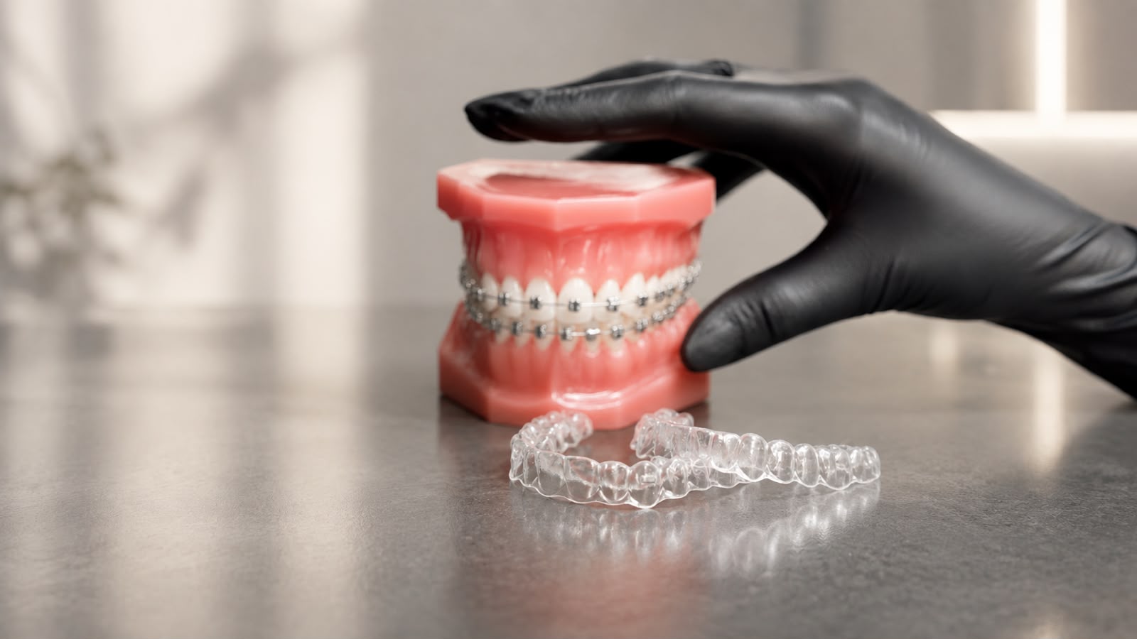 AI render of a braces model and a clear aligner on a table