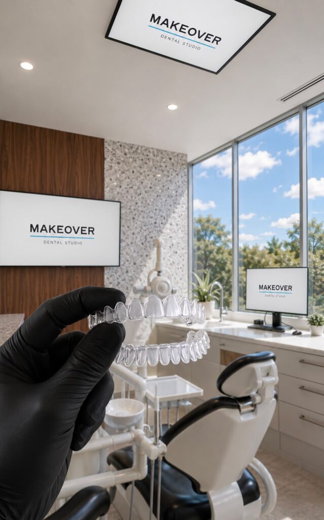 Gloved hand holding a pair of clear orthodontic aligners inside a Makeover Dental Studio operatory in Tijuana with city views