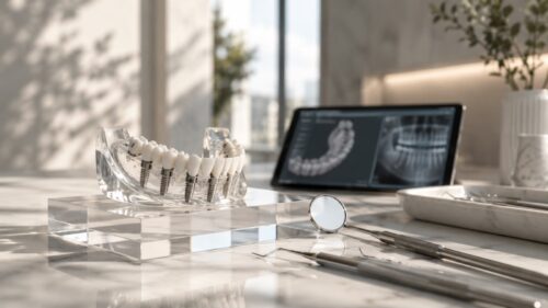 AI render of a transparent implant model beside a tablet showing an x-ray