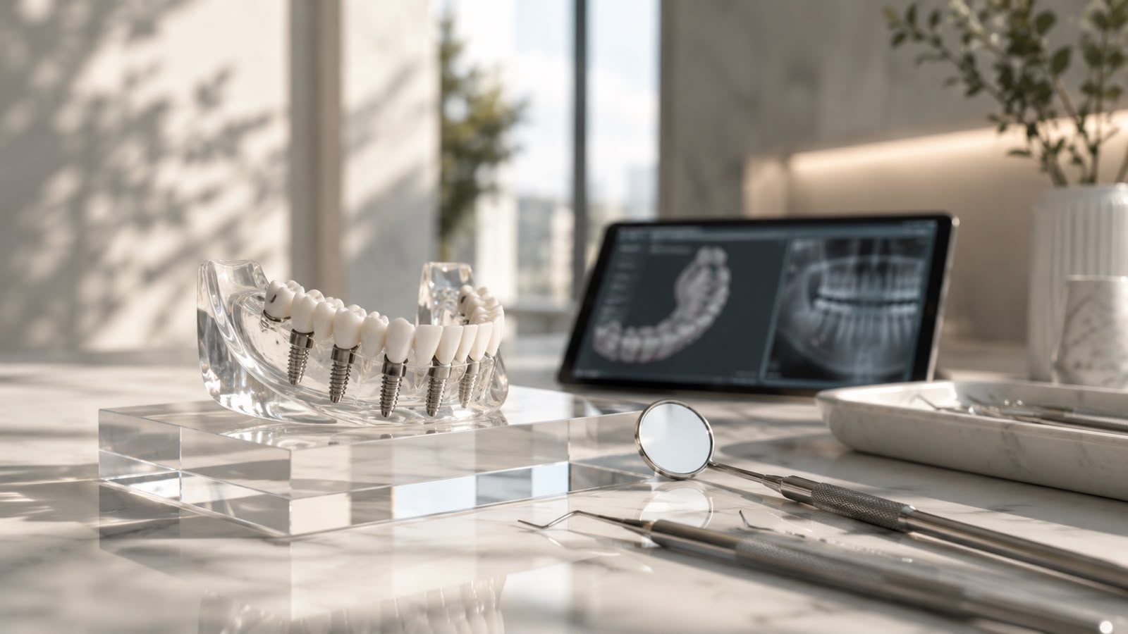 AI render of a transparent implant model beside a tablet showing an x-ray