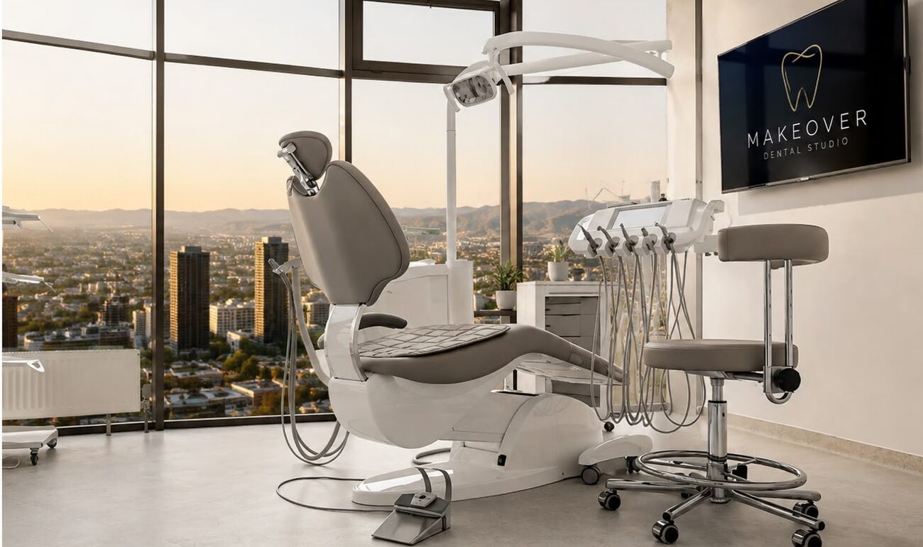 AI render of an operatory overlooking the city with a Makeover screen