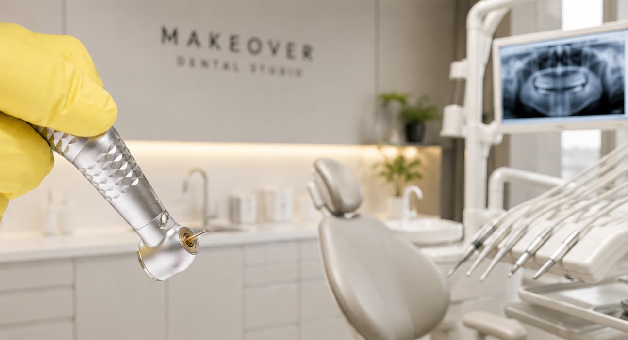 AI render of a handpiece over an operatory with the Makeover logo