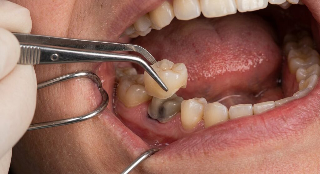 A ceramic crown being seated on a prepared molar in Tijuana