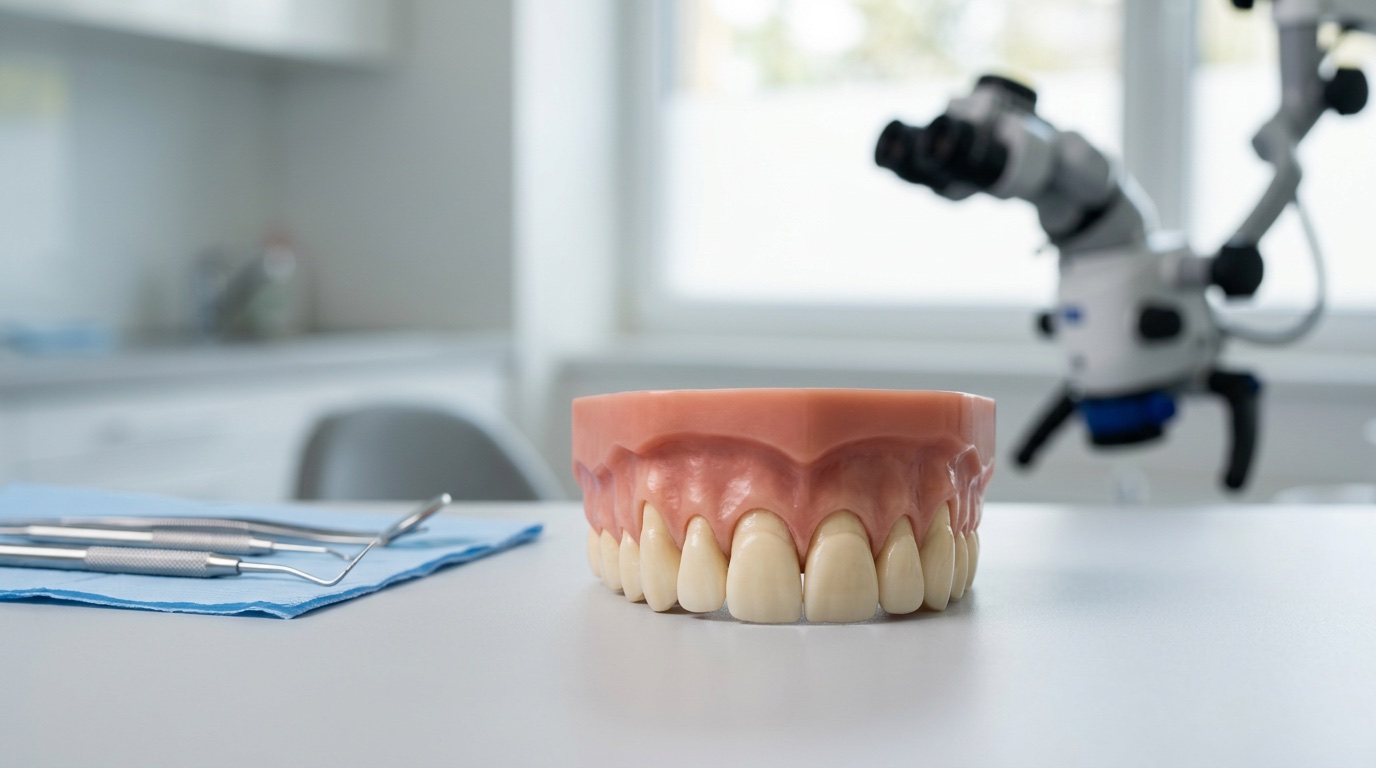 Anatomical model showing gum line contour with periodontal instruments and a surgical microscope behind
