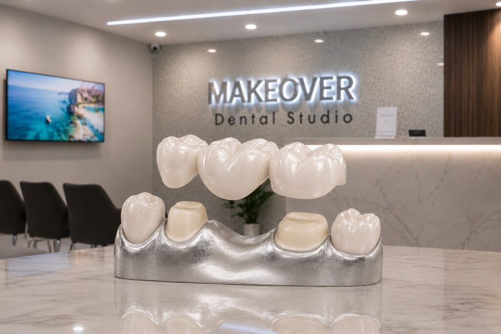 Three-unit porcelain dental bridge on prepared abutments at the Makeover Dental Studio reception in Tijuana