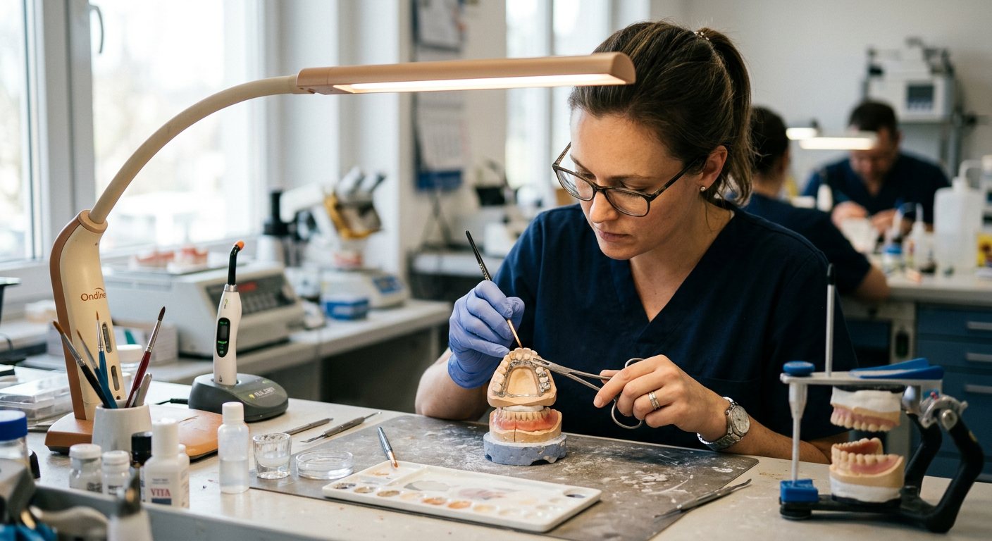 A technician layering porcelain onto a crown framework in the studio laboratory