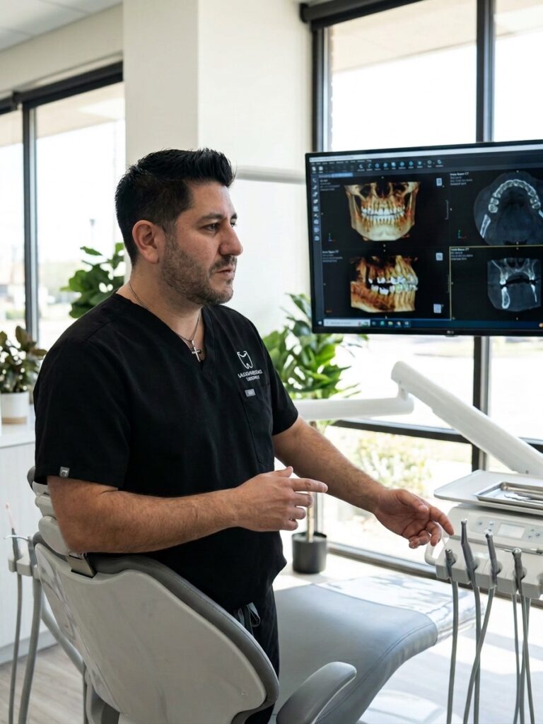 Dr. Rafael Cortés reviewing a three-dimensional CBCT implant plan on a monitor at Makeover Dental Studio