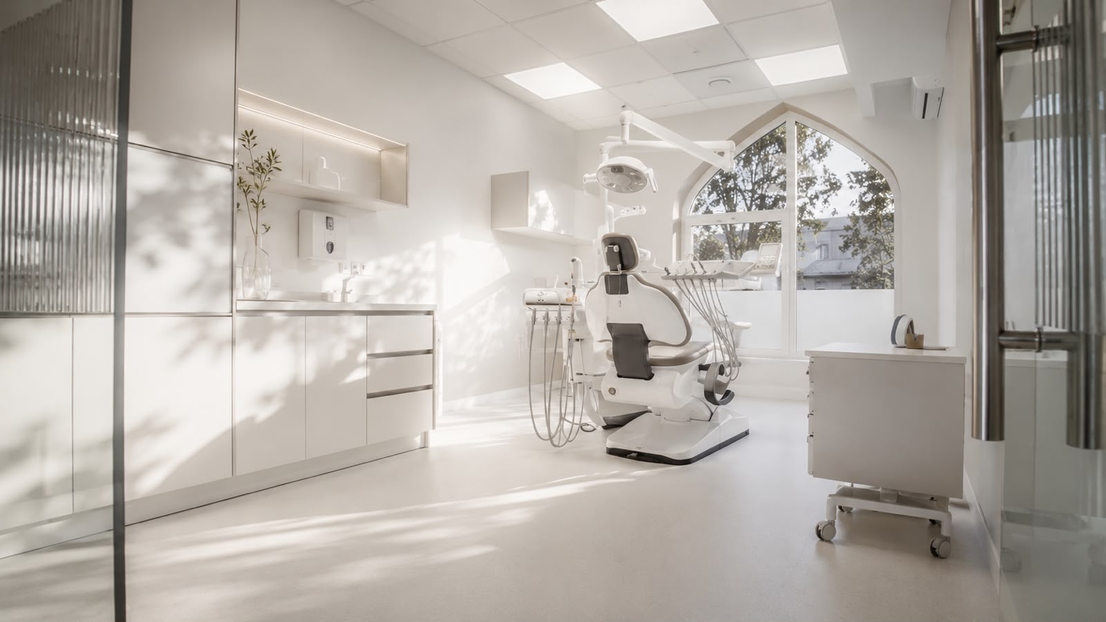 AI render of a bright white dental office with a large window