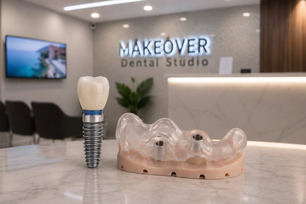 Dental implant model next to a transparent surgical guide with metal sleeves at Makeover Dental Studio in Tijuana