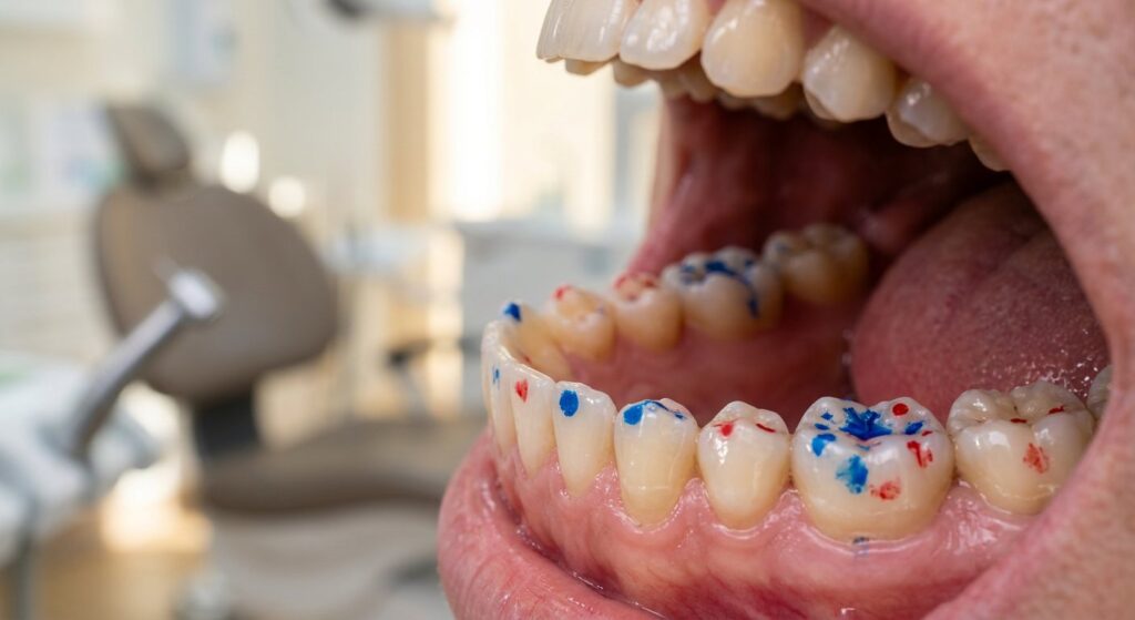 Occlusal contacts marked during a bite analysis in Tijuana