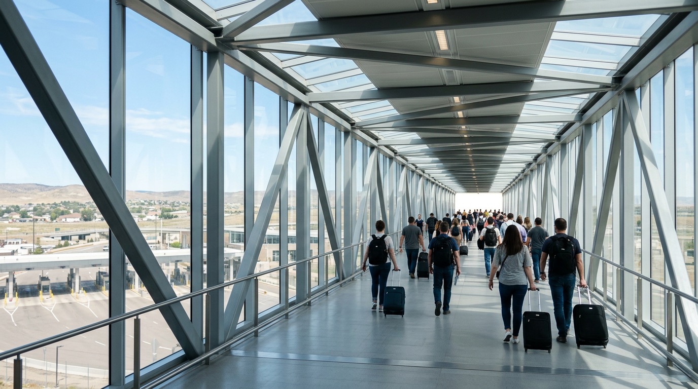 Covered pedestrian border crossing walkway with travellers carrying luggage