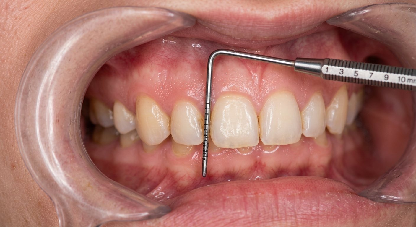 A calibrated periodontal probe measuring pocket depth at the gum line