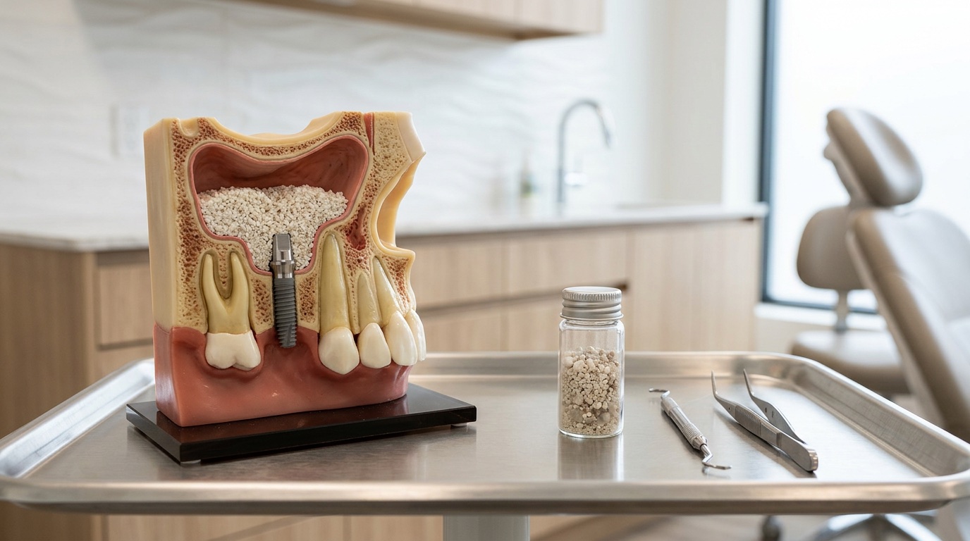 Cross-section model of an upper jaw showing a sinus lift with bone graft and a placed implant