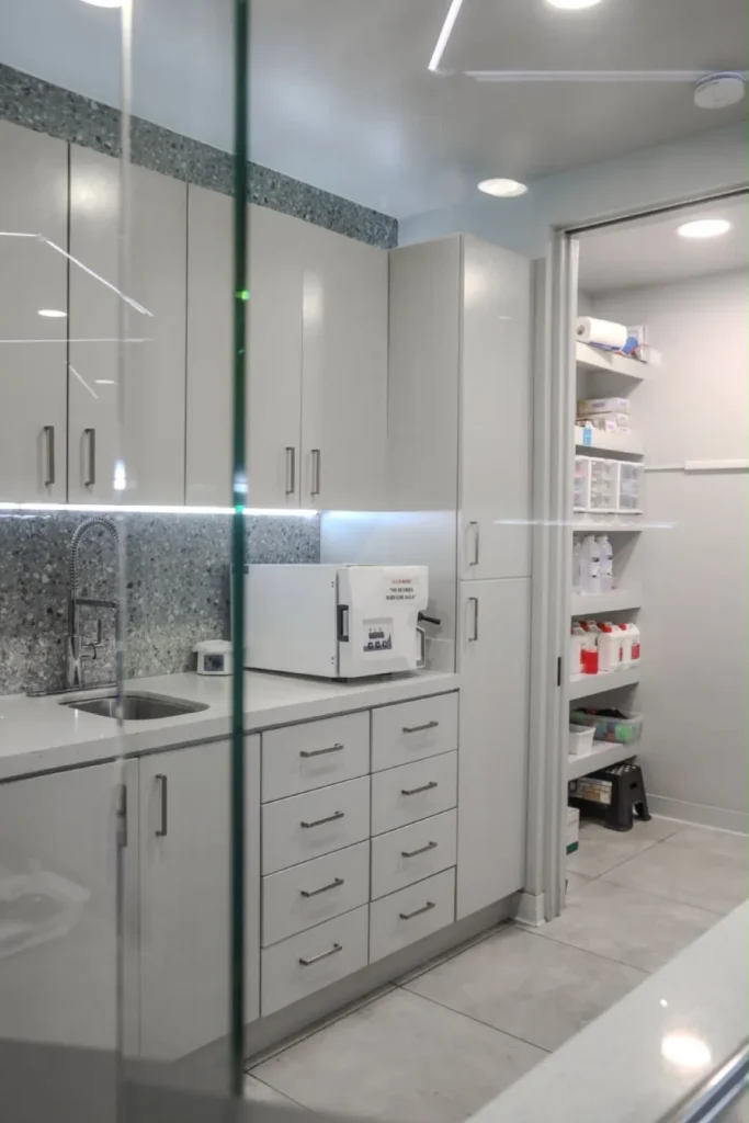 Sterilization area with autoclave and supply room at Makeover Dental Studio in Tijuana