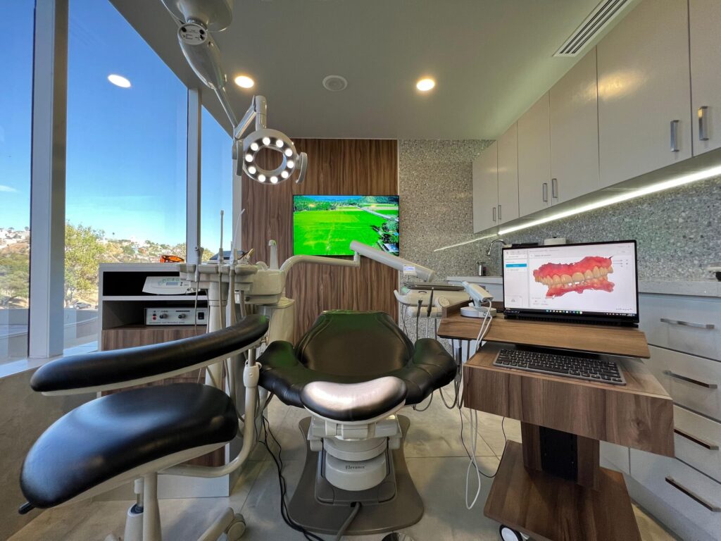 Treatment room with dental chair and digital scan on screen at Makeover Dental Studio