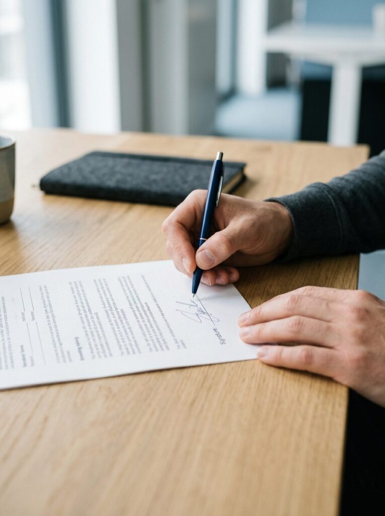 Hands signing a printed treatment plan at a desk